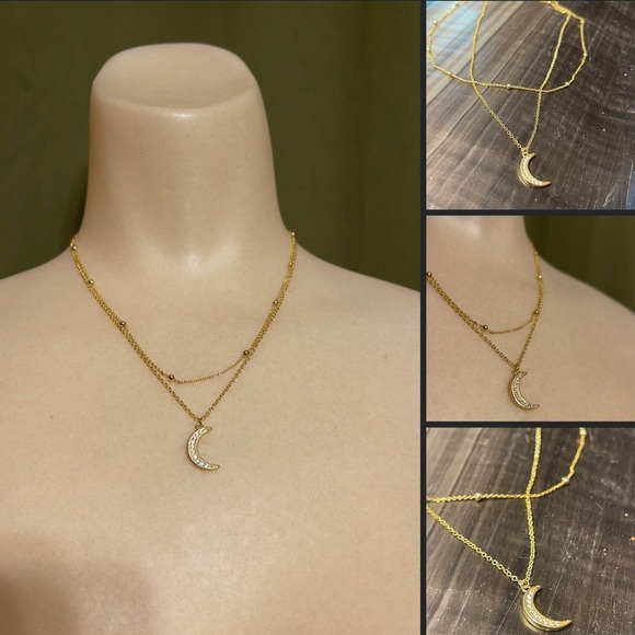 Sterling Silver Gold Plated Crescent Moon Double Strand Crystal Necklace - Picture 1 of 11